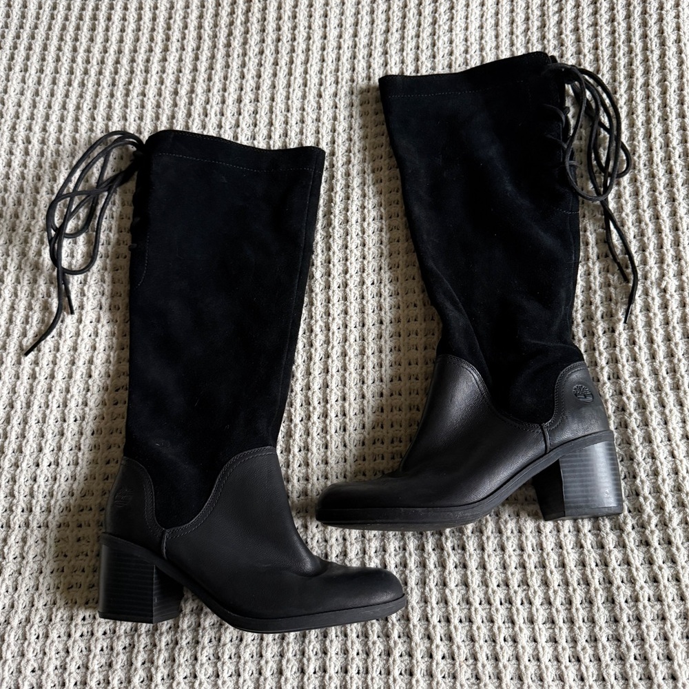 Timberland Black Tall Suede Leather Boots Lace Up Back Block Heel Size 8.5 Wide